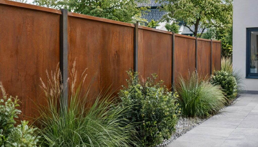 Cortenstahl Gartenwand als Sichtschutz mit Stehern, Kiesstreifen und Pflaster im Garten